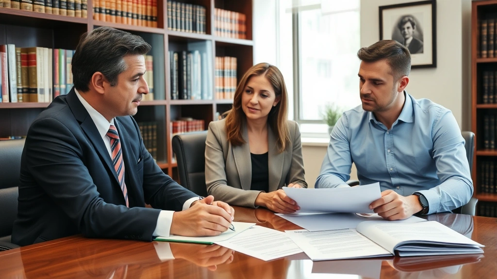 Serious attorney consulting with unmarried couple in law office, discussing estate planning documents, three people at conference table with legal papers, professional setting with bookshelves