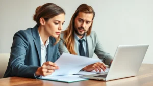 Professional couple reviewing legal documents together at a modern office desk with laptop and paperwork, natural lighting, serious focused expressions, business casual attire, neutral background