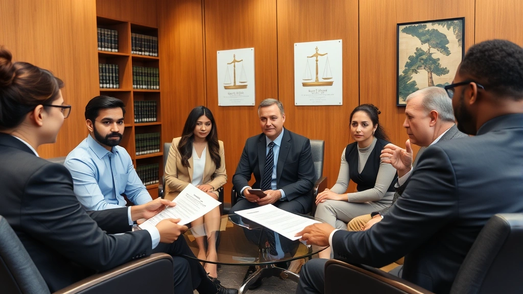 Diverse group of people sitting in a law office conference room during a consultation, attorney in suit pointing to documents, clients listening attentively, formal professional setting