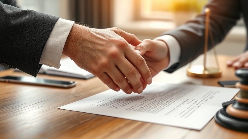 Close-up of hands exchanging marriage contract or legal agreement over wooden desk, professional setting with blurred office background, natural daylight