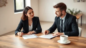 Professional couple in business attire sitting at wooden table with legal documents, pen, and coffee cup, discussing marriage agreement in modern office setting with soft natural lighting