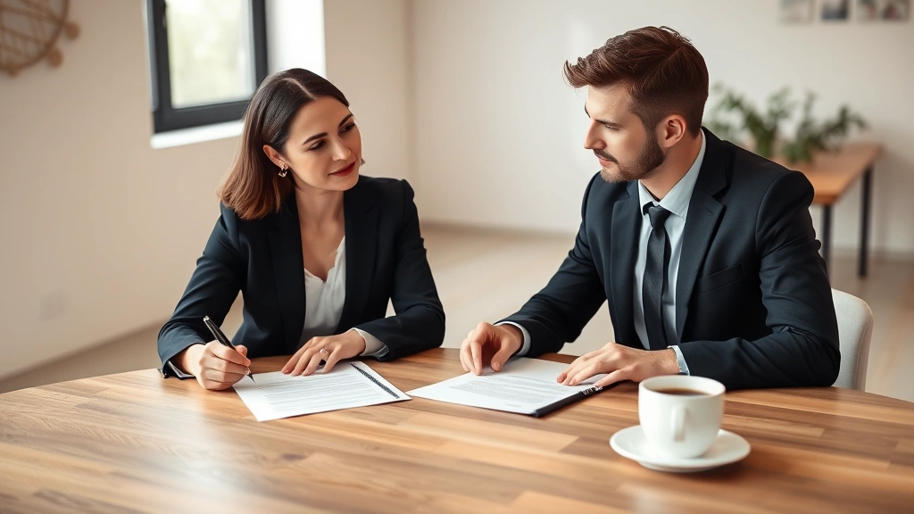 Professional couple in business attire sitting at wooden table with legal documents, pen, and coffee cup, discussing marriage agreement in modern office setting with soft natural lighting