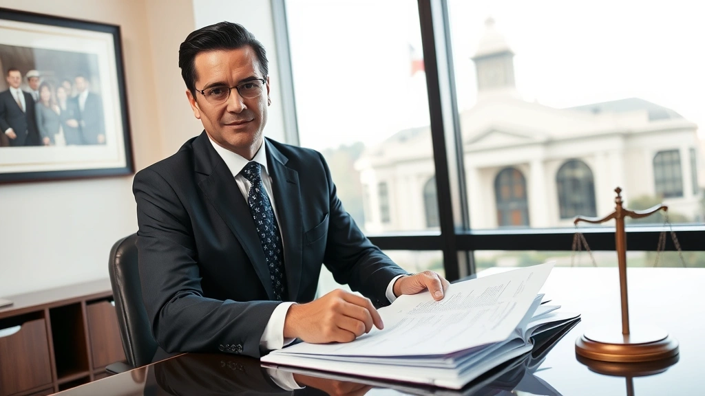 Family law attorney in professional suit reviewing documents at desk with Texas courthouse visible through window, representing legal expertise in common law marriage cases