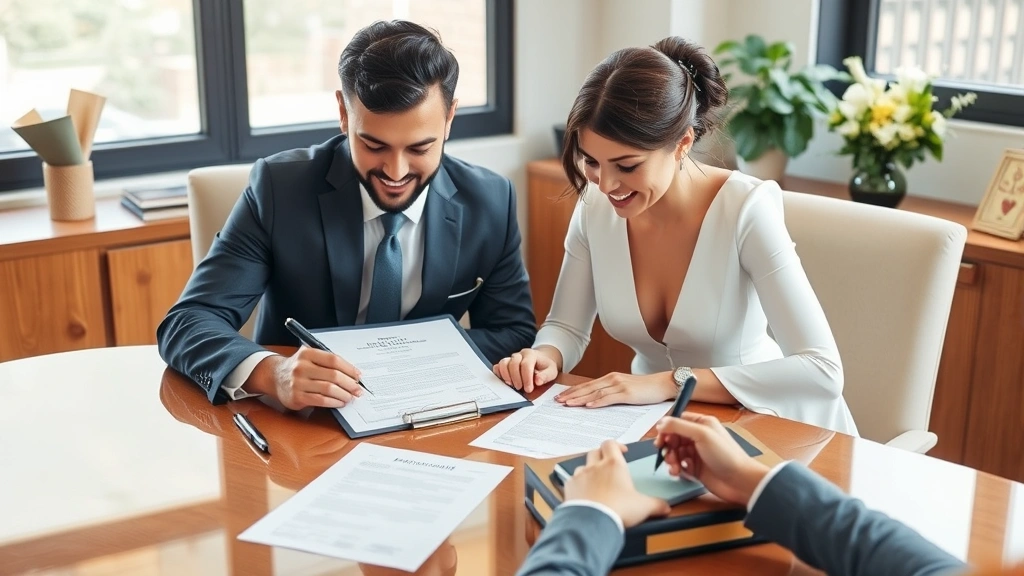 Professional couple signing marriage certificate at desk with notary present, formal office setting with legal documents, natural lighting, realistic photograph