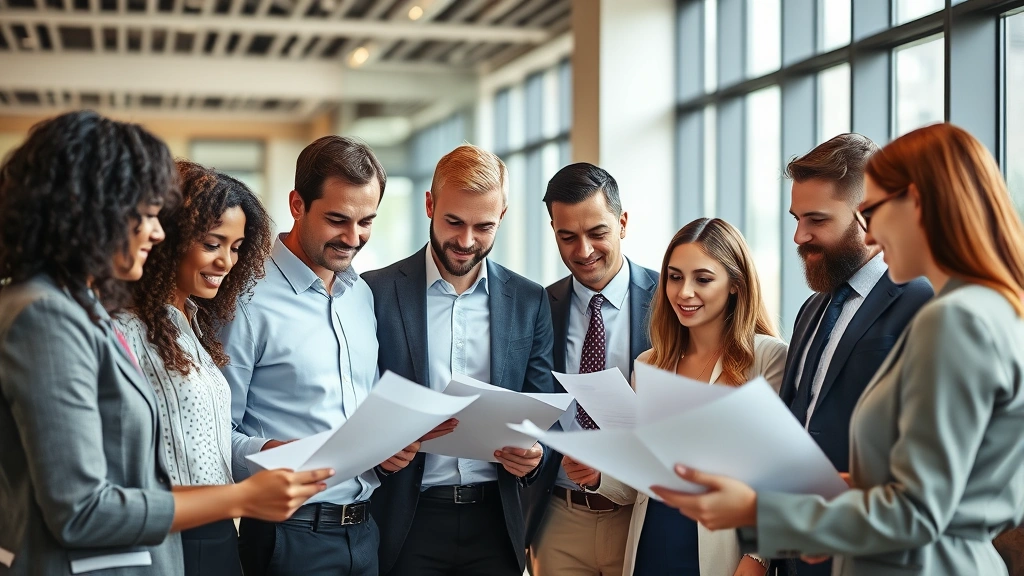 Diverse group of people in business casual attire reviewing legal documents together in modern law office, collaborative professional environment, warm natural lighting