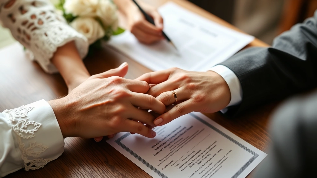 Close-up of couple's hands exchanging wedding rings with marriage license visible on table, intimate professional photograph, soft natural light, documents in background
