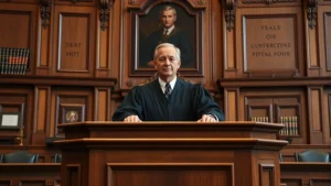 Professional judge in formal robes sitting at elevated bench in traditional courtroom with ornate wood paneling and legal books visible in background, photorealistic, authoritative legal setting