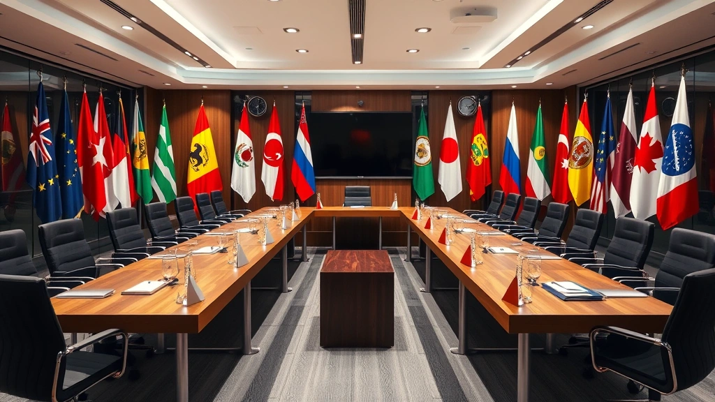 International law conference room with flags of different nations displayed, modern professional setting showing global legal cooperation and comparison of legal systems