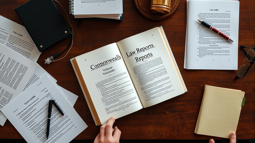Overhead view of judge's desk with open Commonwealth Law Reports volume, legal documents, pen, glasses, notepad, organized workspace, professional lighting, focused work environment