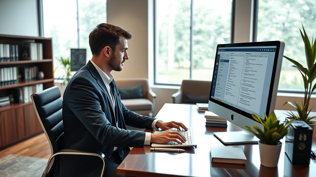 Modern law office with lawyer at desk using computer displaying legal database, contemporary furniture, professional setting, natural lighting through windows, focused on research work, no screen text visible