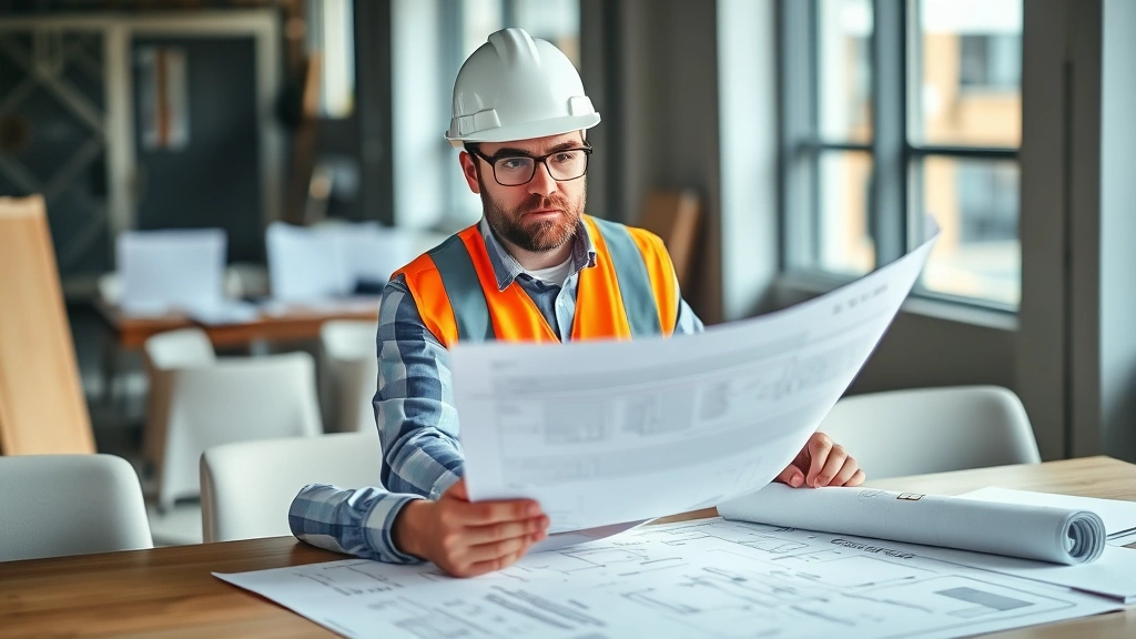 Professional construction site manager reviewing blueprints and project documents at a table with architectural plans, wearing safety vest and hard hat, natural office lighting, focused expression