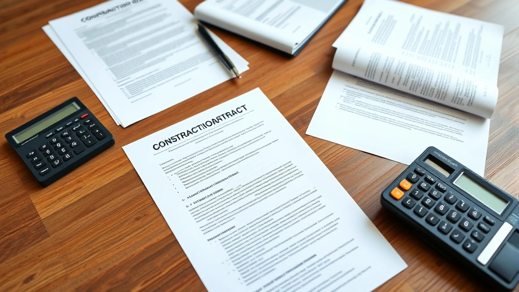 Legal documents and construction contracts spread on wooden desk with pen and calculator, representing construction law documentation and agreement process, professional office setting