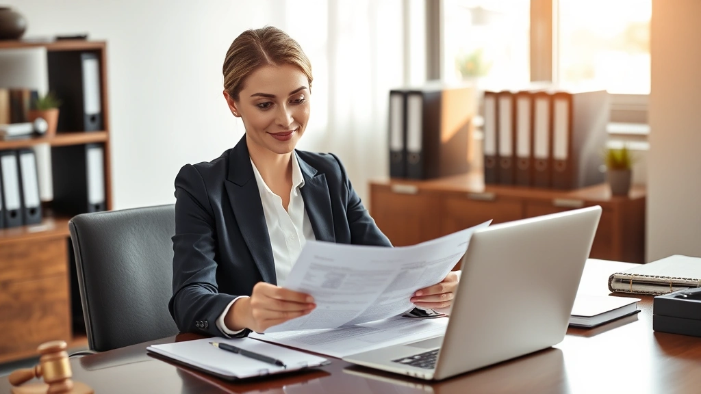 Professional female attorney in business suit reviewing consumer protection documents at desk with laptop, natural office lighting, confident expression, organized workspace with legal files