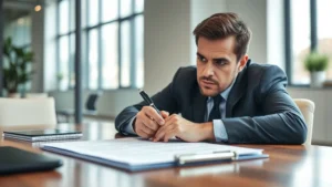 Professional businessman reviewing contract document at desk with pen, serious expression, modern office setting, natural lighting, close-up of hands and paper