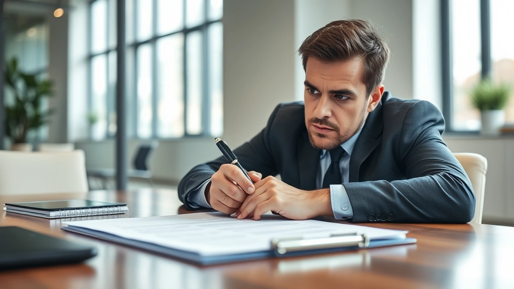 Professional businessman reviewing contract document at desk with pen, serious expression, modern office setting, natural lighting, close-up of hands and paper