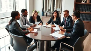 Professional legal team of diverse attorneys having collaborative discussion in modern law office conference room, sitting around polished table reviewing documents together, bright natural lighting, focused expressions