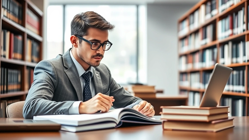 Professional law student studying at desk with legal textbooks and laptop, focused expression, modern law library setting with bookshelves, natural lighting, realistic photography