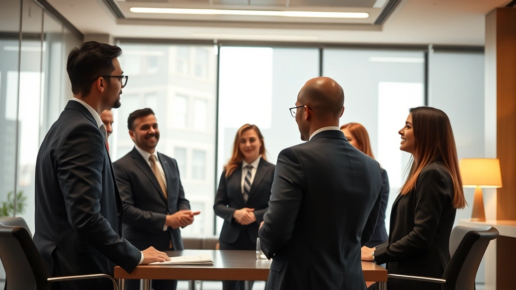 Diverse group of lawyers in business formal attire having a professional discussion in modern law office conference room, collaborative atmosphere, warm professional lighting, photorealistic
