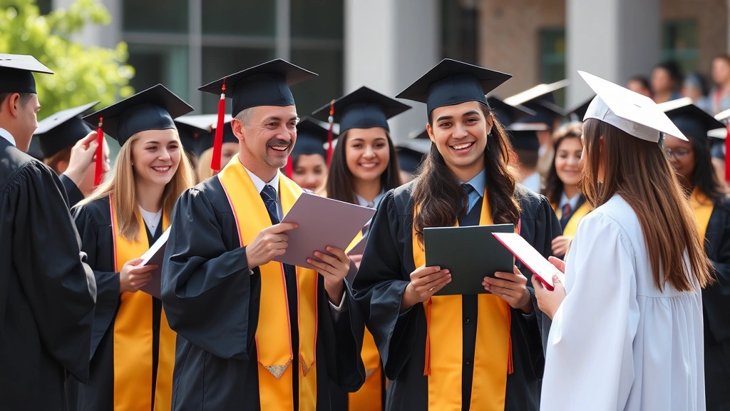 Law school graduation ceremony moment with students in academic regalia receiving diplomas, celebratory atmosphere, outdoor or indoor formal setting, professional quality photography, no visible signage or text