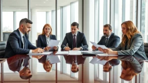 Professional business meeting with executives sitting around polished conference table reviewing documents, formal corporate office setting with large windows, neutral lighting, serious focused expressions, modern business attire, no visible text on documents