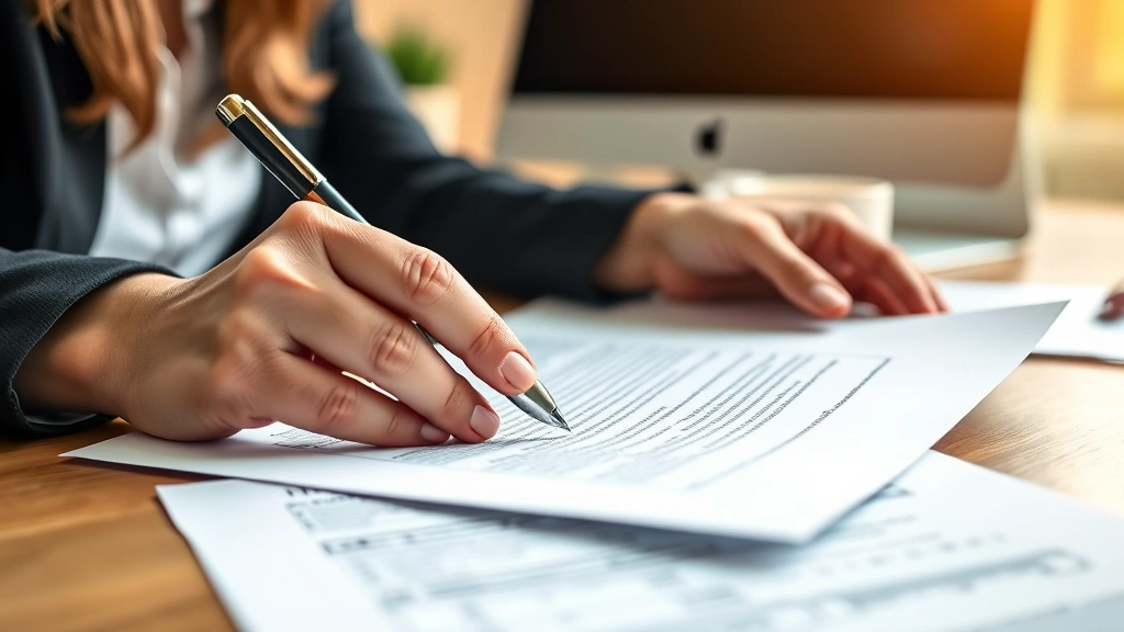 Close-up of businesswoman's hands holding corporate governance documents with pen poised, professional desk setting with computer visible, warm office lighting, focused professional atmosphere, no visible contract text
