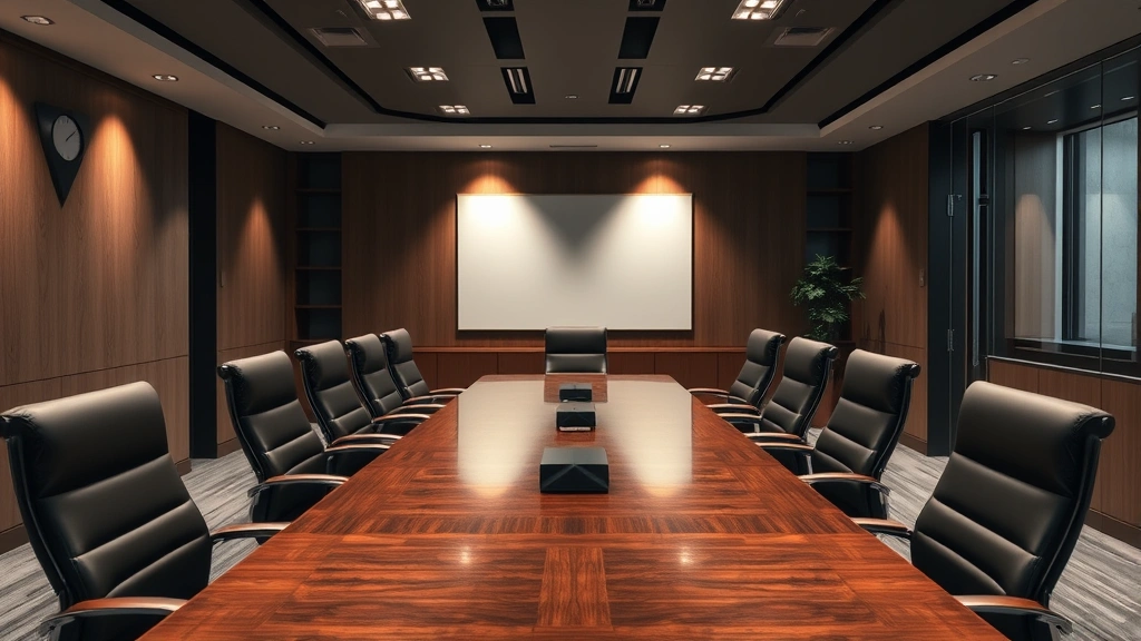 Corporate boardroom interior with empty leather chairs around long conference table, professional legal office environment, warm ambient lighting, modern furnishings, no signage or visible text on walls
