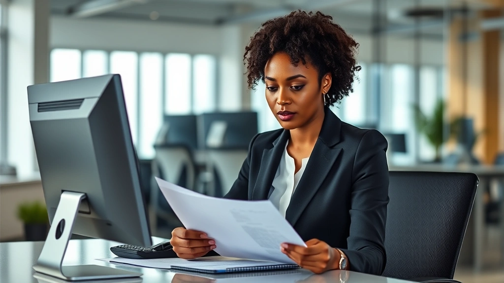 Professional African American woman in business suit reviewing documents at modern office desk with computer monitor, serious focused expression, contemporary workplace setting