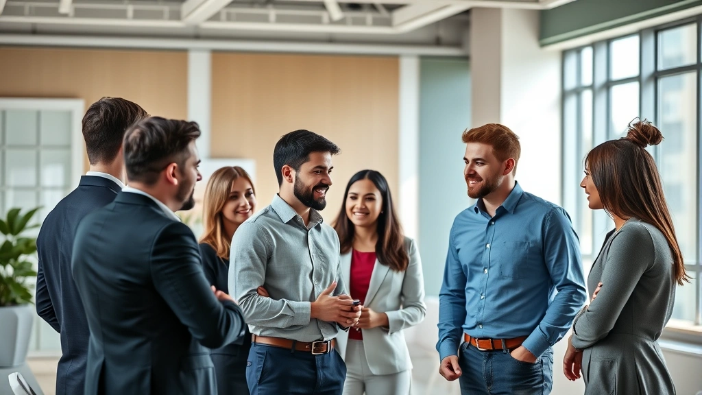 Diverse group of employees in casual business attire having discussion in bright office conference room with natural lighting, collaborative atmosphere, diverse team