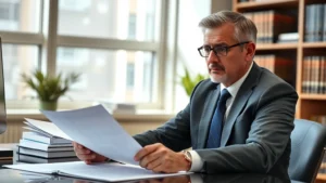 Professional family law attorney in modern office reviewing documents at desk, serious expression, natural lighting from window, wearing business attire, law books visible in background