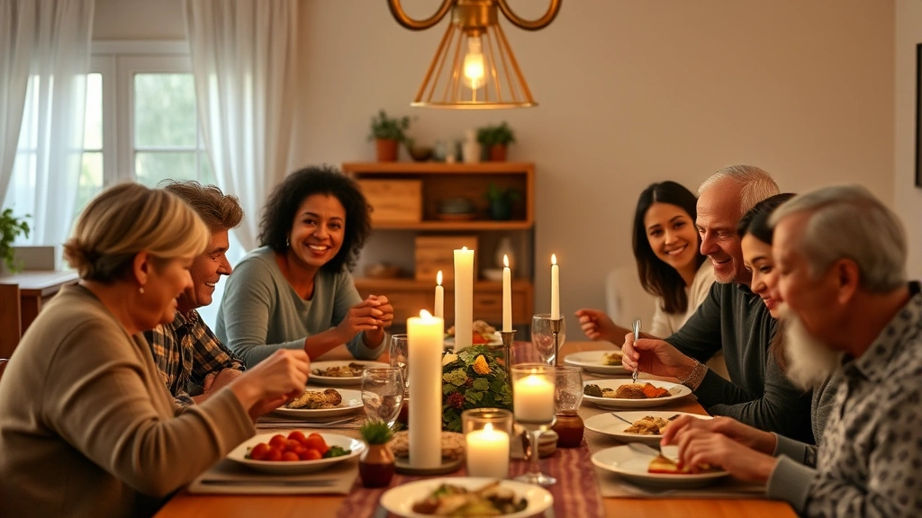 Diverse multigenerational family gathered around dining table during meal, warm candlelight, genuine smiles and conversation, casual comfortable clothing, intimate family moment