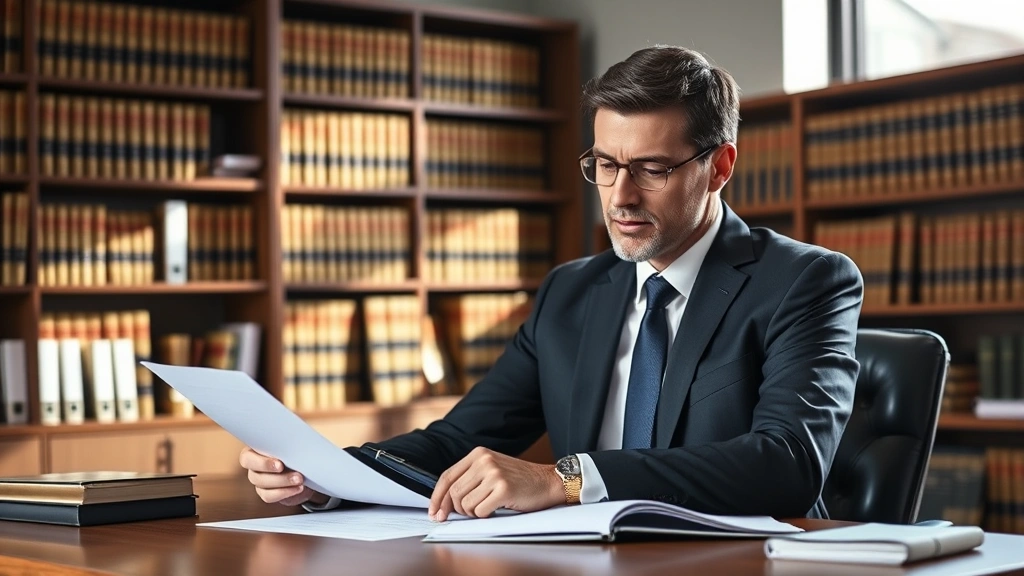 Professional attorney in business suit reviewing legal documents at wooden desk in modern law office with law books visible in background, focused expression, natural daylight from window