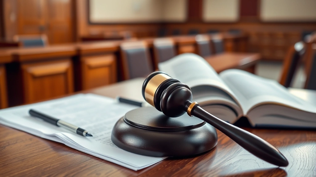 Judge's gavel on legal documents and law books in courtroom setting, professional judicial environment, soft lighting highlighting legal materials and wooden furniture