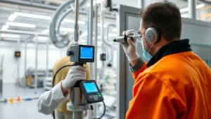Professional laboratory technician measuring gas concentrations in industrial equipment using precision instruments and digital displays in a well-lit modern facility