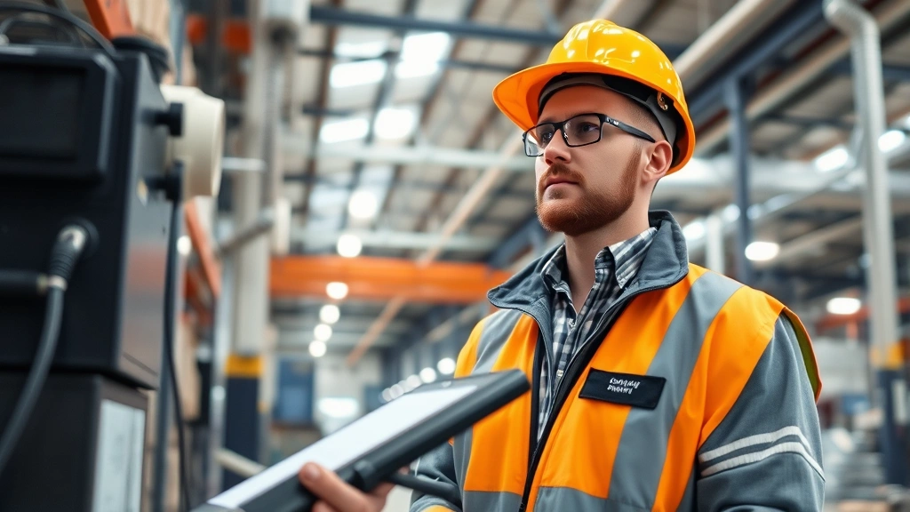 Occupational safety officer conducting workplace air quality assessment with monitoring equipment in an industrial manufacturing environment with proper ventilation systems