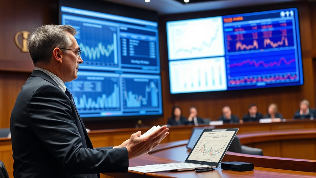 Expert witness presenting complex scientific data and calculations on large display screens during professional courtroom testimony with professional appearance