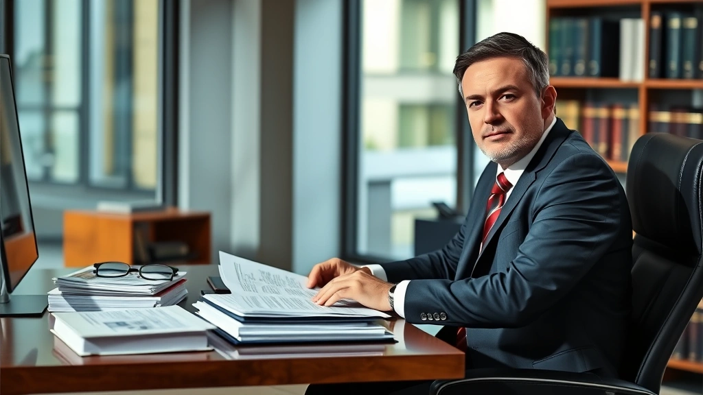 Professional male attorney in business suit working at desk with legal documents and law books in modern office, serious focused expression, natural lighting