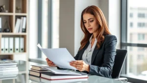 Professional woman in business attire reviewing legal documents at modern desk with law books, natural daylight from window, confident focused expression, contemporary office setting