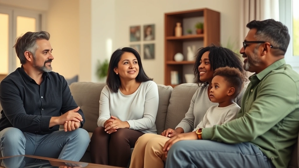 Diverse family having calm discussion in living room, parents and adult children sitting together, warm natural lighting, respectful body language, modern home interior