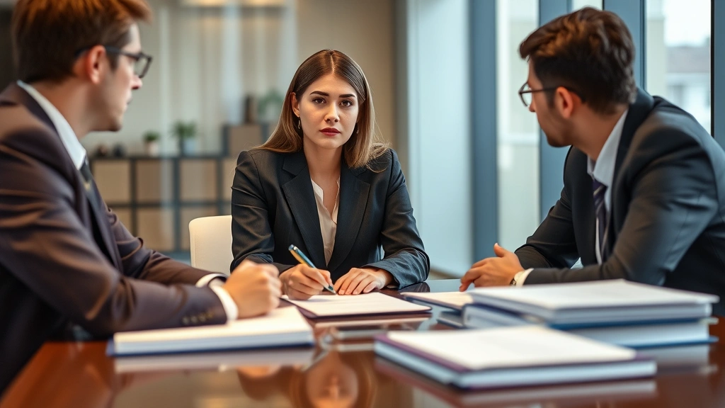 Female attorney in professional suit consulting with clients at conference table with legal files and folders, serious focused demeanor, modern law office background