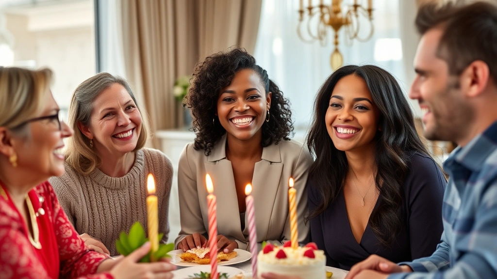 Professional woman of diverse ethnicity smiling warmly at a birthday celebration with family members in an elegant home setting, natural lighting, candid moment of genuine connection