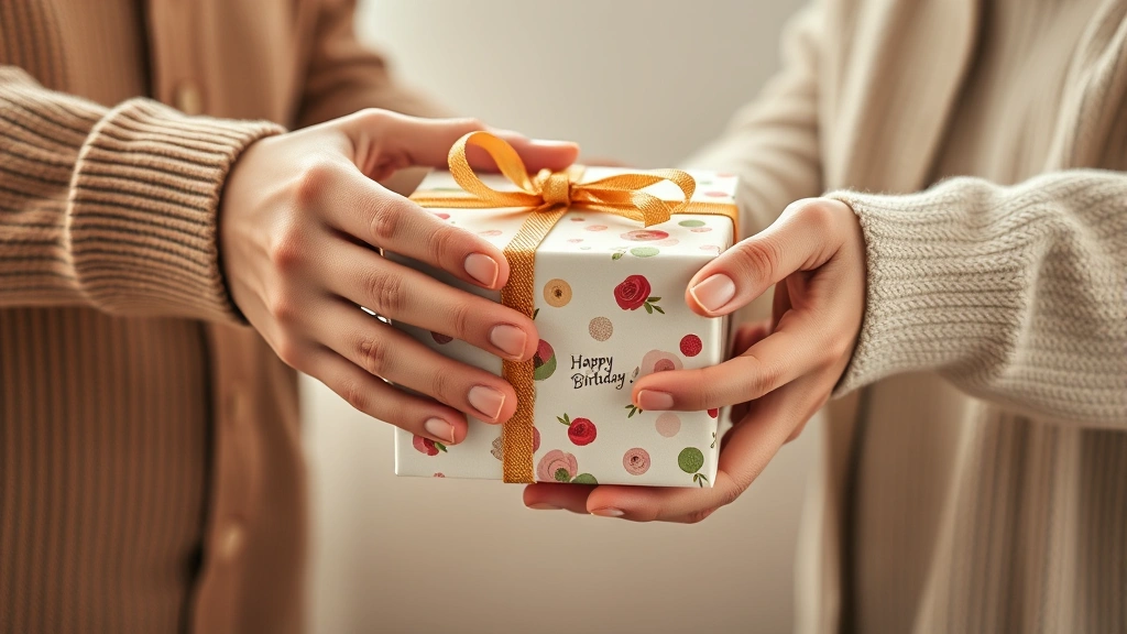 Close-up of hands exchanging a beautifully wrapped birthday gift box, warm neutral tones, professional photography, genuine moment of family appreciation and joy