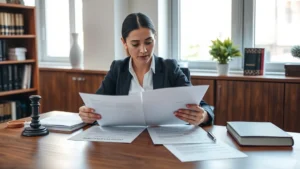 Professional female lawyer reviewing family law documents and inheritance papers at wooden desk with legal books and Spanish civil code reference materials visible in background, natural daylight from office window