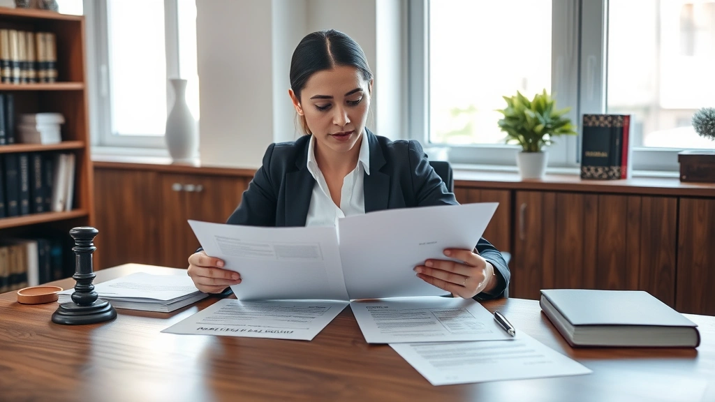 Professional female lawyer reviewing family law documents and inheritance papers at wooden desk with legal books and Spanish civil code reference materials visible in background, natural daylight from office window