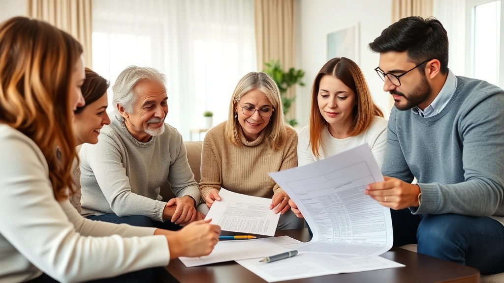 Diverse family group reviewing property deed and legal documents together in modern living room with notary or legal professional present, warm professional atmosphere showing multigenerational family planning