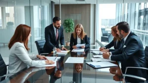 Professional lawyers in modern glass-walled conference room conducting strategic business meeting, discussing legal documents and contracts on table, diverse team, natural daylight, corporate setting