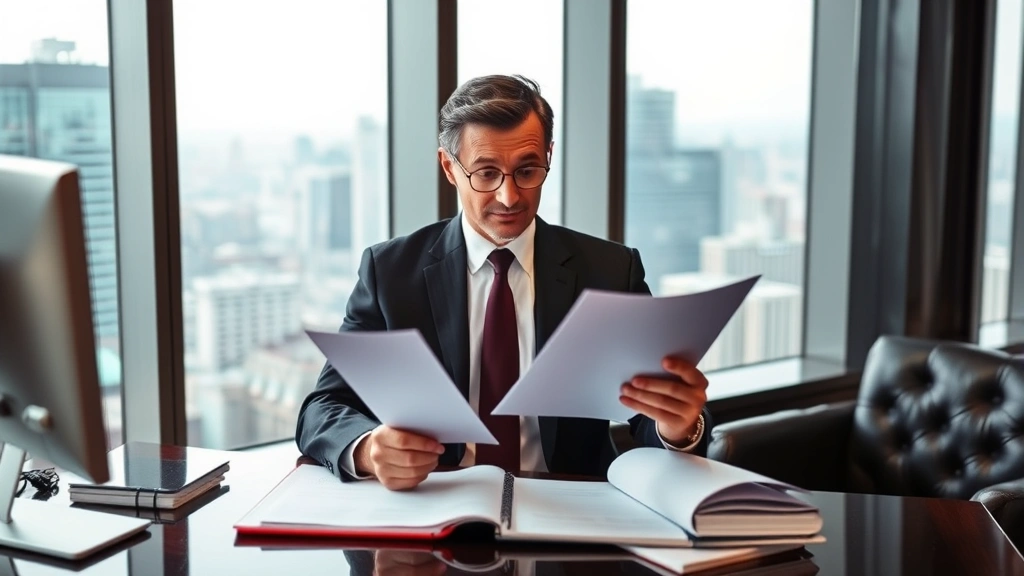 Senior attorney in formal business attire reviewing legal briefs and case files at executive desk in high-rise law office, floor-to-ceiling windows showing city skyline, leather furniture, professional workspace
