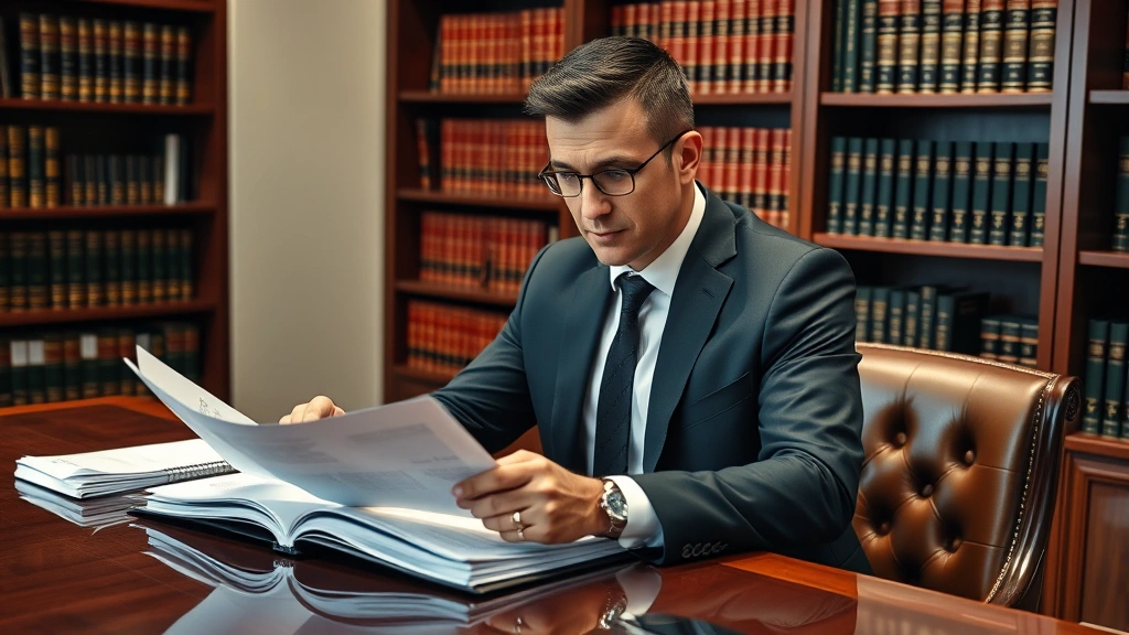 Professional lawyer in business suit reviewing corporate documents at mahogany desk in modern law office with law books on shelves, serious focused expression, natural office lighting