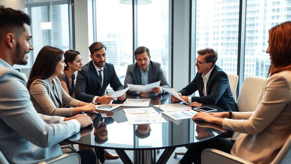 Diverse business professionals in conference room during corporate meeting, reviewing financial documents and charts, collaborative discussion atmosphere, modern glass table