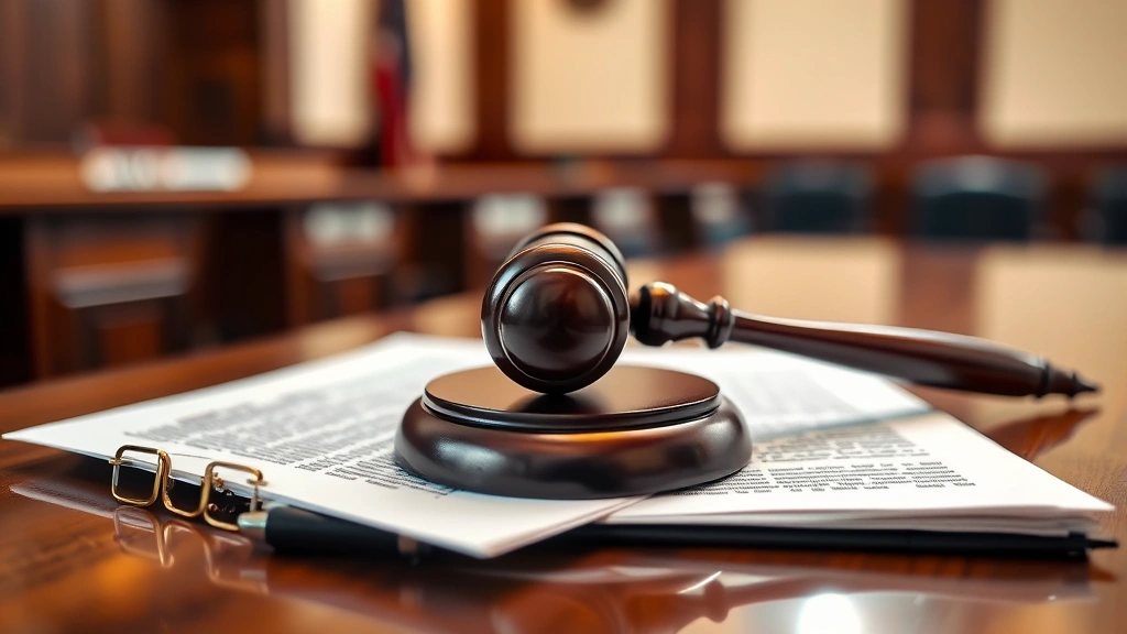 Close-up of judge's gavel on legal documents in courtroom setting, professional lighting, depth of field emphasizing gavel and official documents below