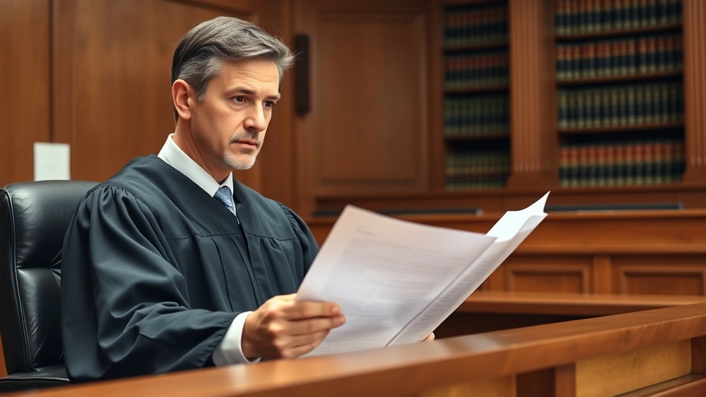 Professional judge in courtroom reviewing case documents at bench, neutral expression, formal judicial setting with wood paneling and law books in background, natural lighting